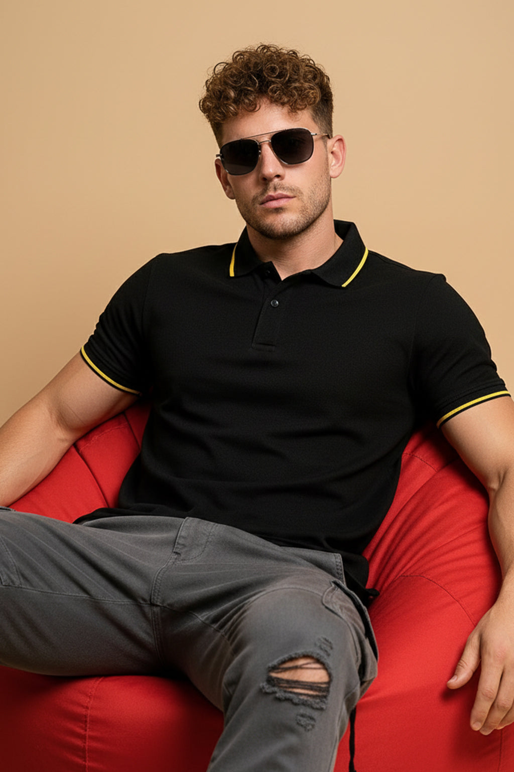 Black Pique Stripe Collar Regular Fit Tipping Polo T-shirt