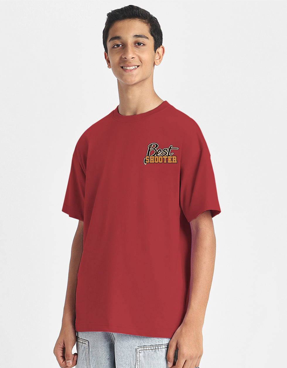 Best Shooter Red Oversized Graphic Printed Boys T-shirt
