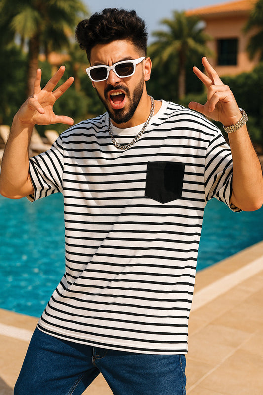 Black & White Textured Stripe Oversized Exclusive T-shirt