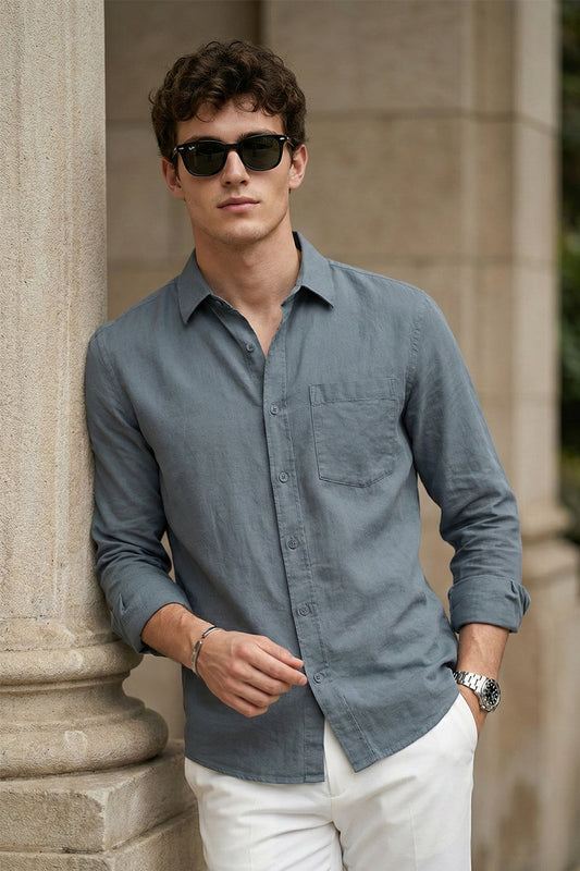 Airforce Blue Plain Regular Fit Single Pocket Full Sleeve Exclusive Shirt