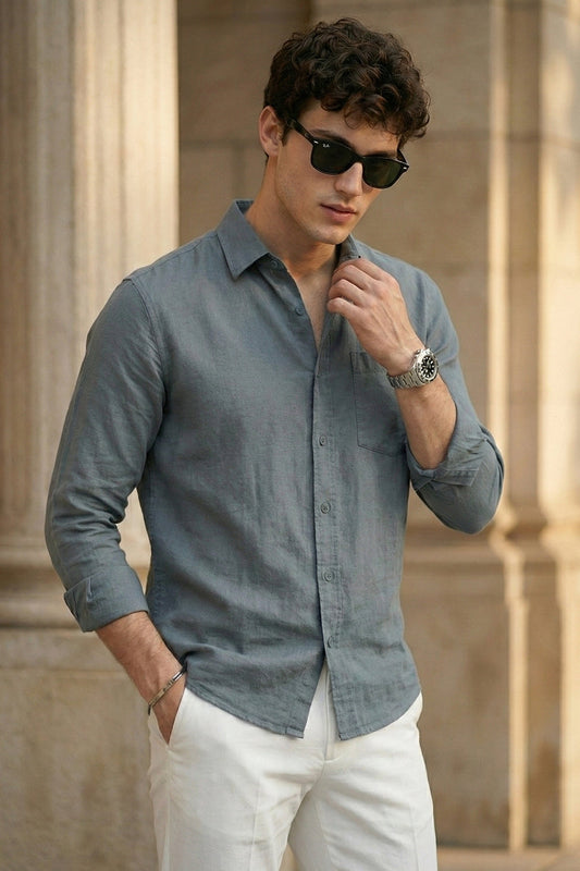 Airforce Blue Plain Regular Fit Single Pocket Full Sleeve Exclusive Shirt