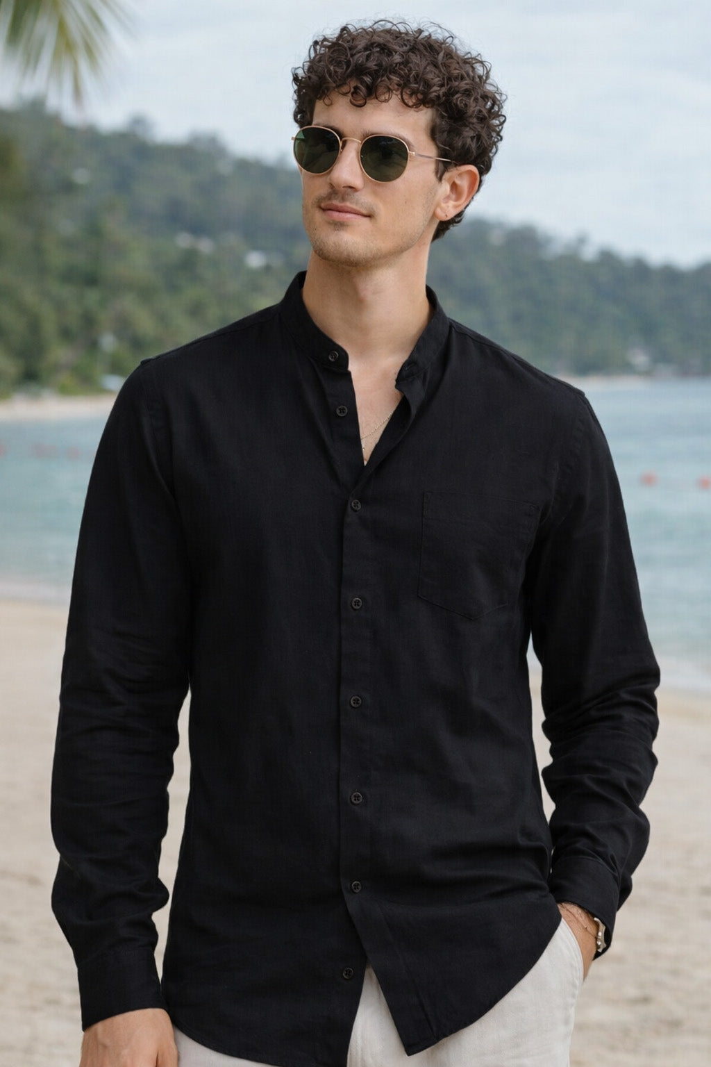 Black Plain Regular Fit Chinese Collar Full Sleeve Exclusive Shirt