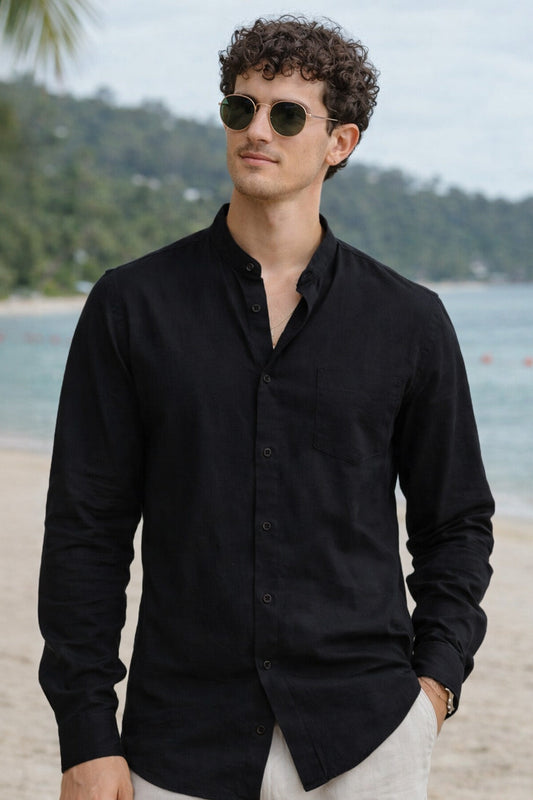 Black Plain Regular Fit Chinese Collar Full Sleeve Exclusive Shirt