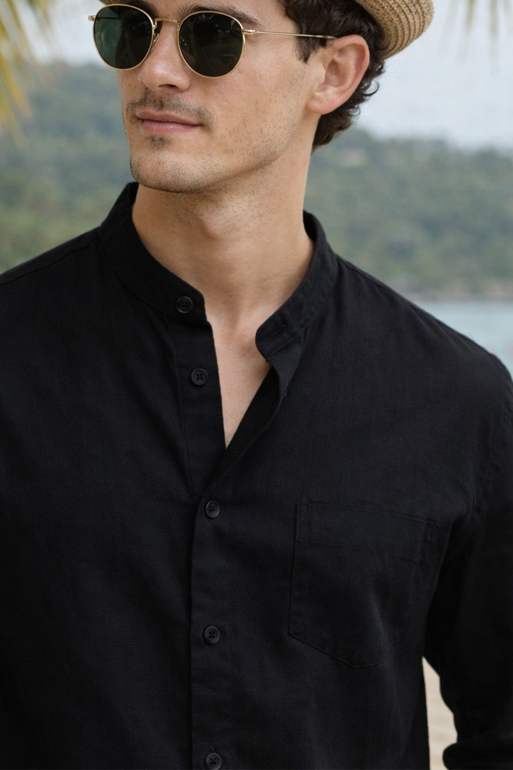 Black Plain Regular Fit Chinese Collar Full Sleeve Exclusive Shirt