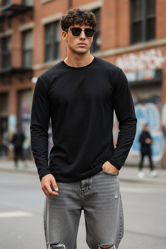 Black Plain Full Sleeves Regular Fit T-shirt