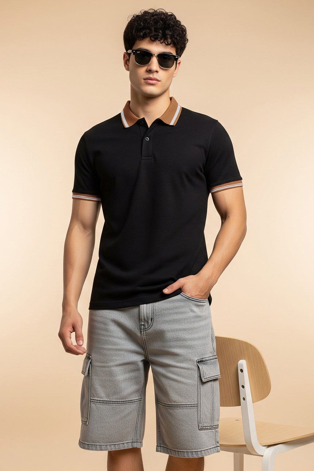 Black Brown Plain Regular Slim Fit Polo T-shirt