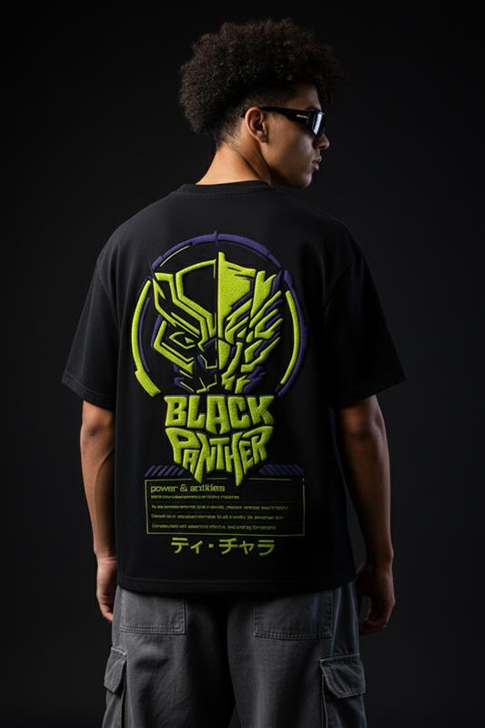 Black Panther Marvel Black Oversized Puff Printed Exclusive T-shirt