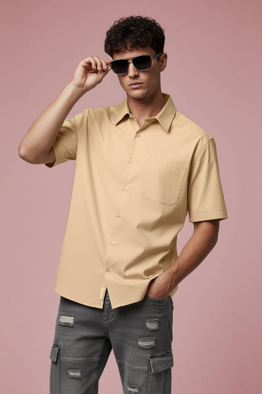 Beige Plain Regular Fit Half Sleeve Single Pocket Exclusive Shirt