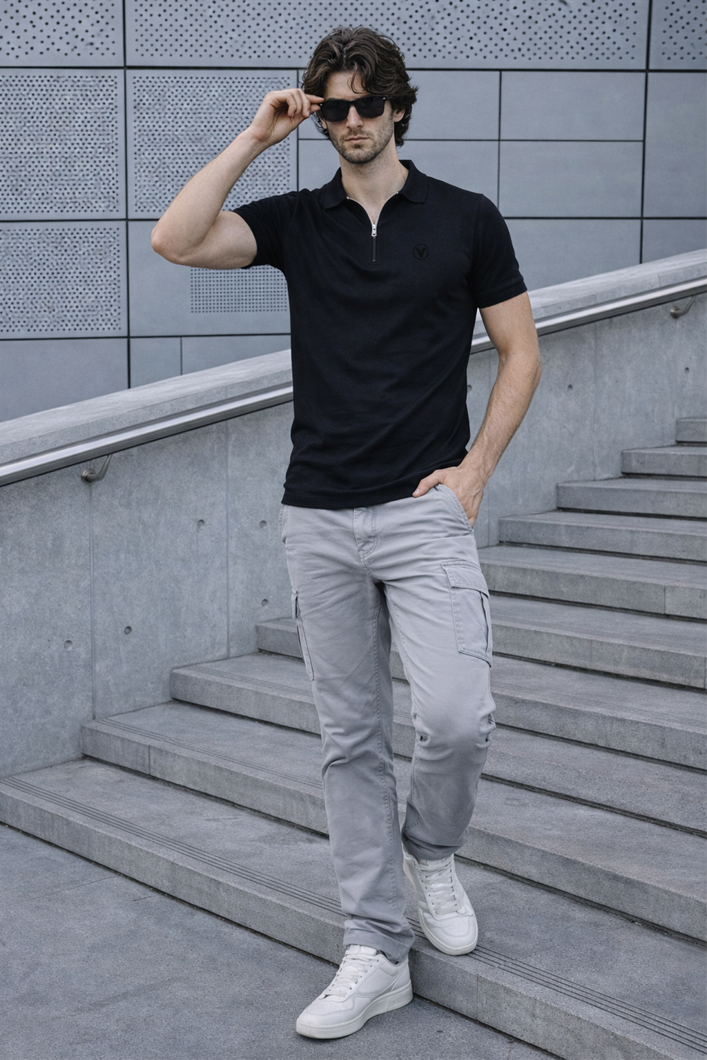 Black Interlock Plain Regular Fit Zipper Polo T-shirt