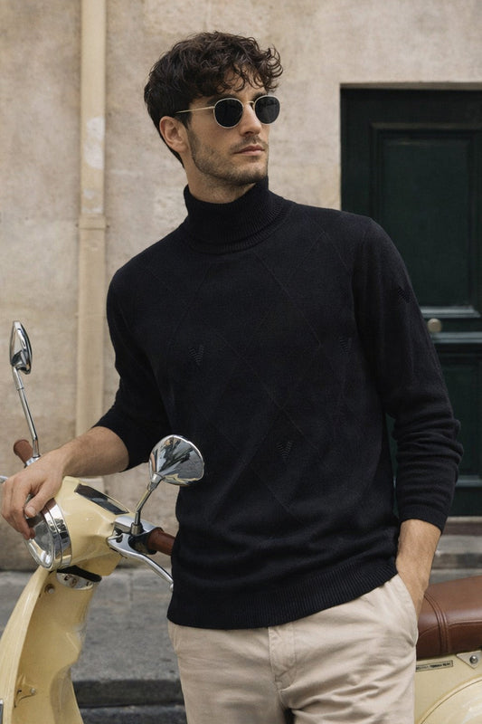 Black High Neck Flatknit Textured Regular FIt Sweatshirt