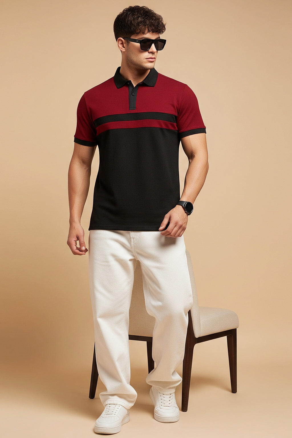 Black Maroon Colorblock Printed Regular Fit  Polo T-shirt
