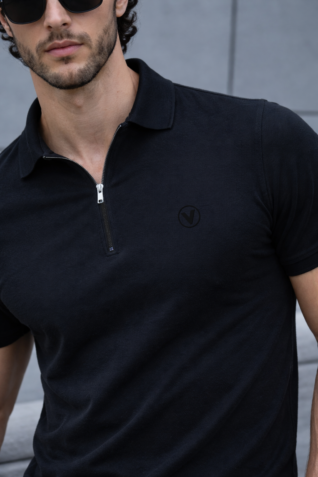 Black Interlock Plain Regular Fit Zipper Polo T-shirt