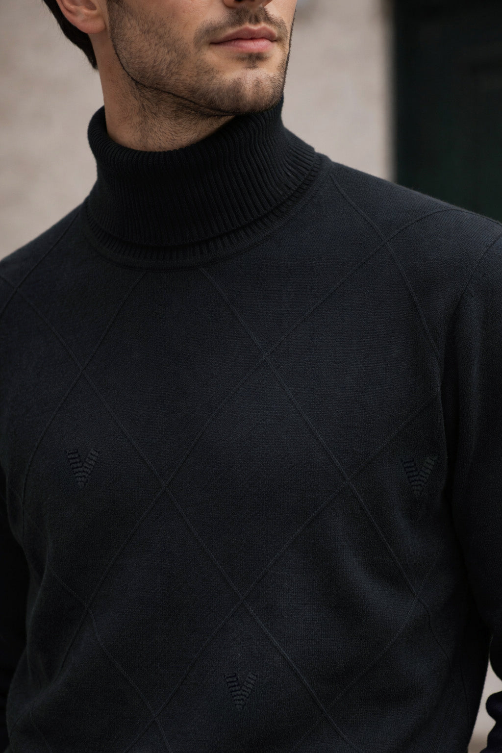 Black High Neck Flatknit Textured Regular FIt Sweatshirt