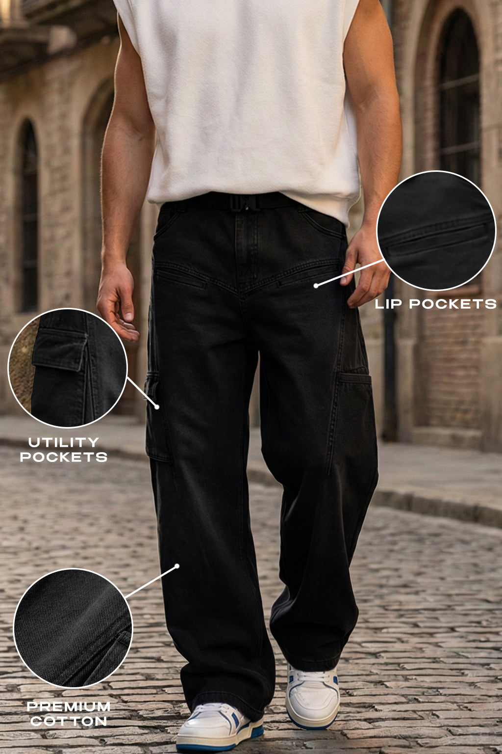 Black 8 Pocket Woven Baggy Fit Exclusive Cargo Pant