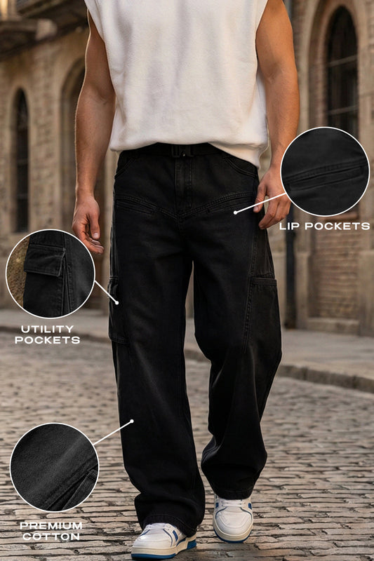 Black 8 Pocket Woven Baggy Fit Exclusive Cargo Pant