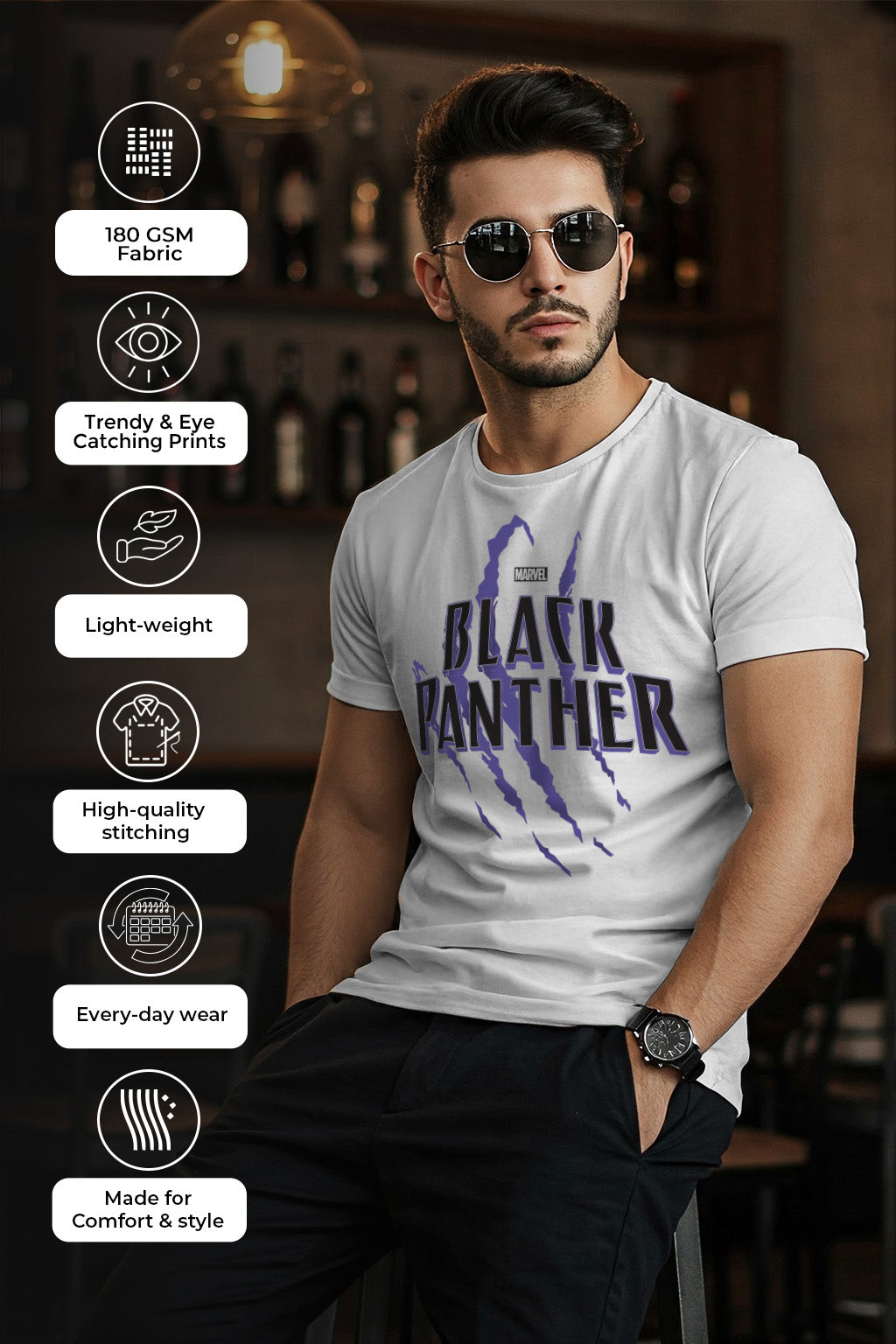 Black Panther White Regular Fit Printed T-shirt