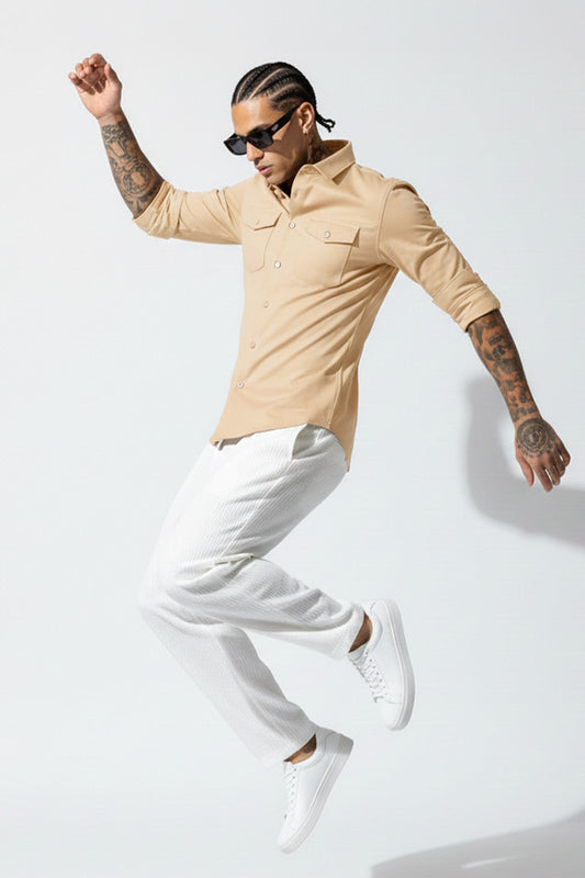 Beige Plain Relaxed Fit Full Sleeve Dual Pocket Utility Exclusive Shirt