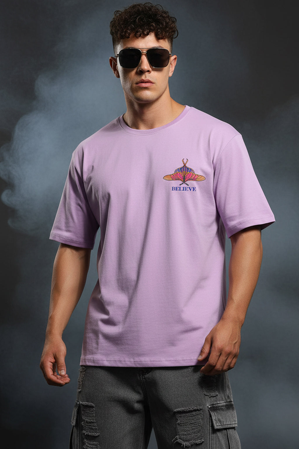 Believe Yourself Lilac Oversized Graphic Printed T-shirt