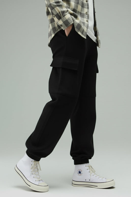 Black Solid Baggy Fit Cargo Joggers