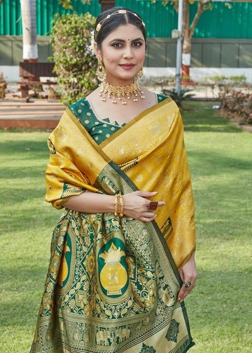 Mustard Yellow & Green Banarasi Art Silk Saree | Al Amaan Collection