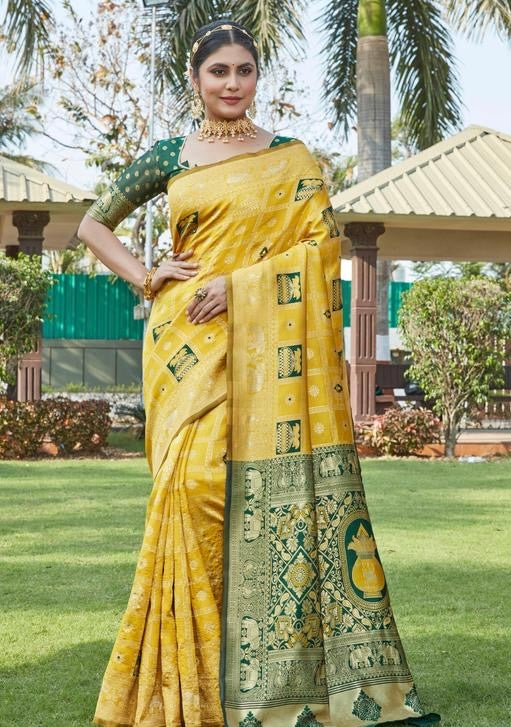 Mustard Yellow & Green Banarasi Art Silk Saree | Al Amaan Collection