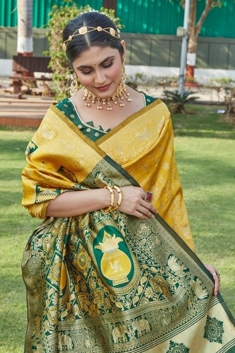 Mustard Yellow & Green Banarasi Art Silk Saree | Al Amaan Collection