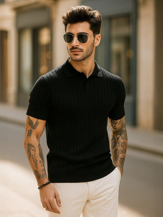 Black Ribbed Flatknit Textured Regular Fit Exclusive Polo T-Shirt