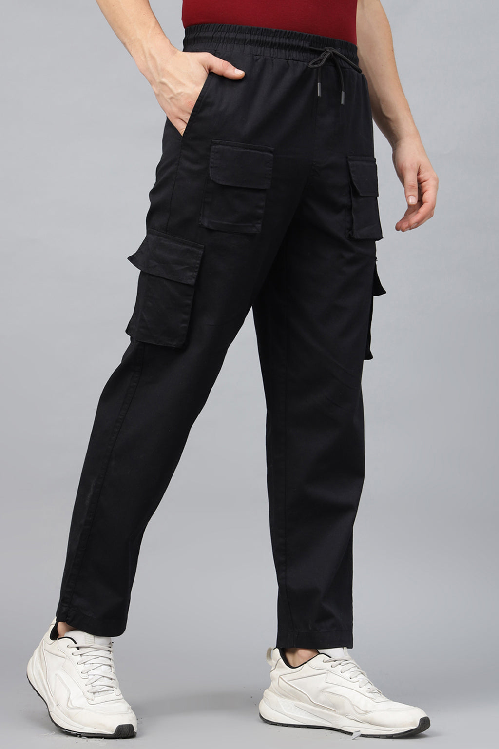 Black Pure Cotton Baggy Fit 6 Pocket Cargo