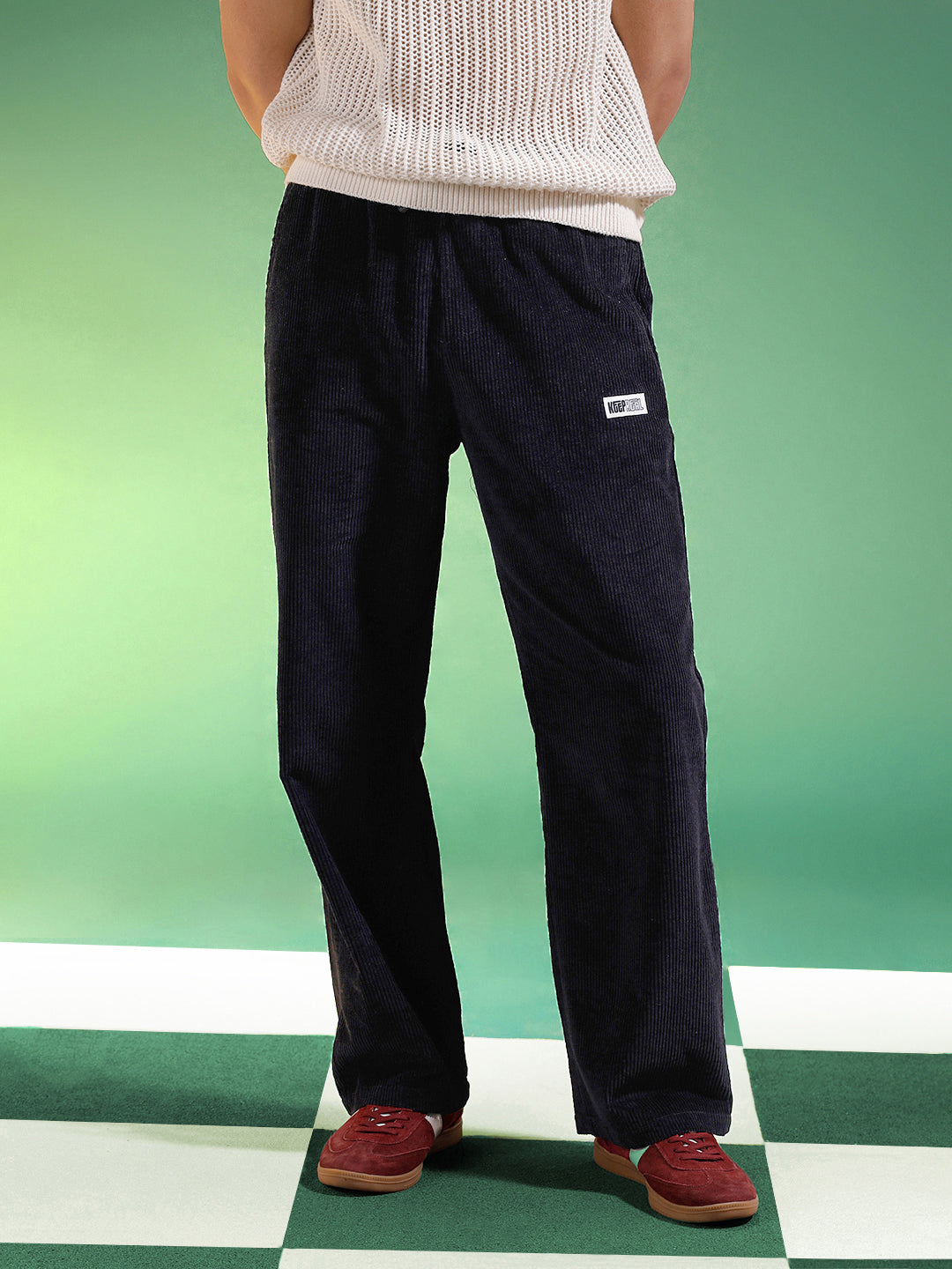 Black Lining Pattern Plain Corduroy Pants