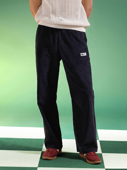 Black Lining Pattern Plain Corduroy Pants