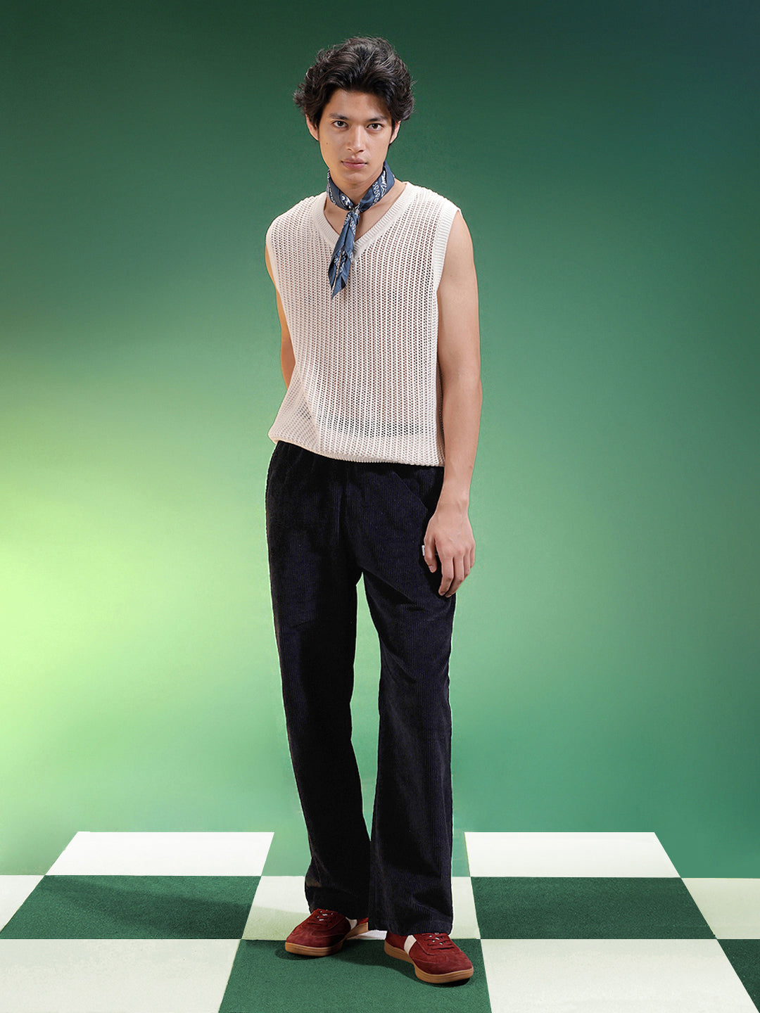 Black Lining Pattern Plain Corduroy Pants