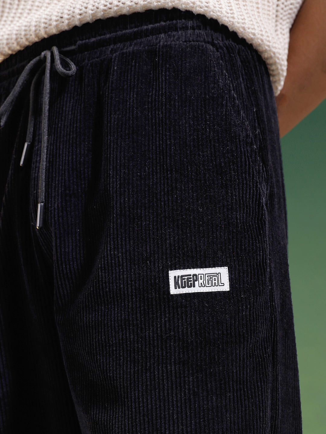 Black Lining Pattern Plain Corduroy Pants