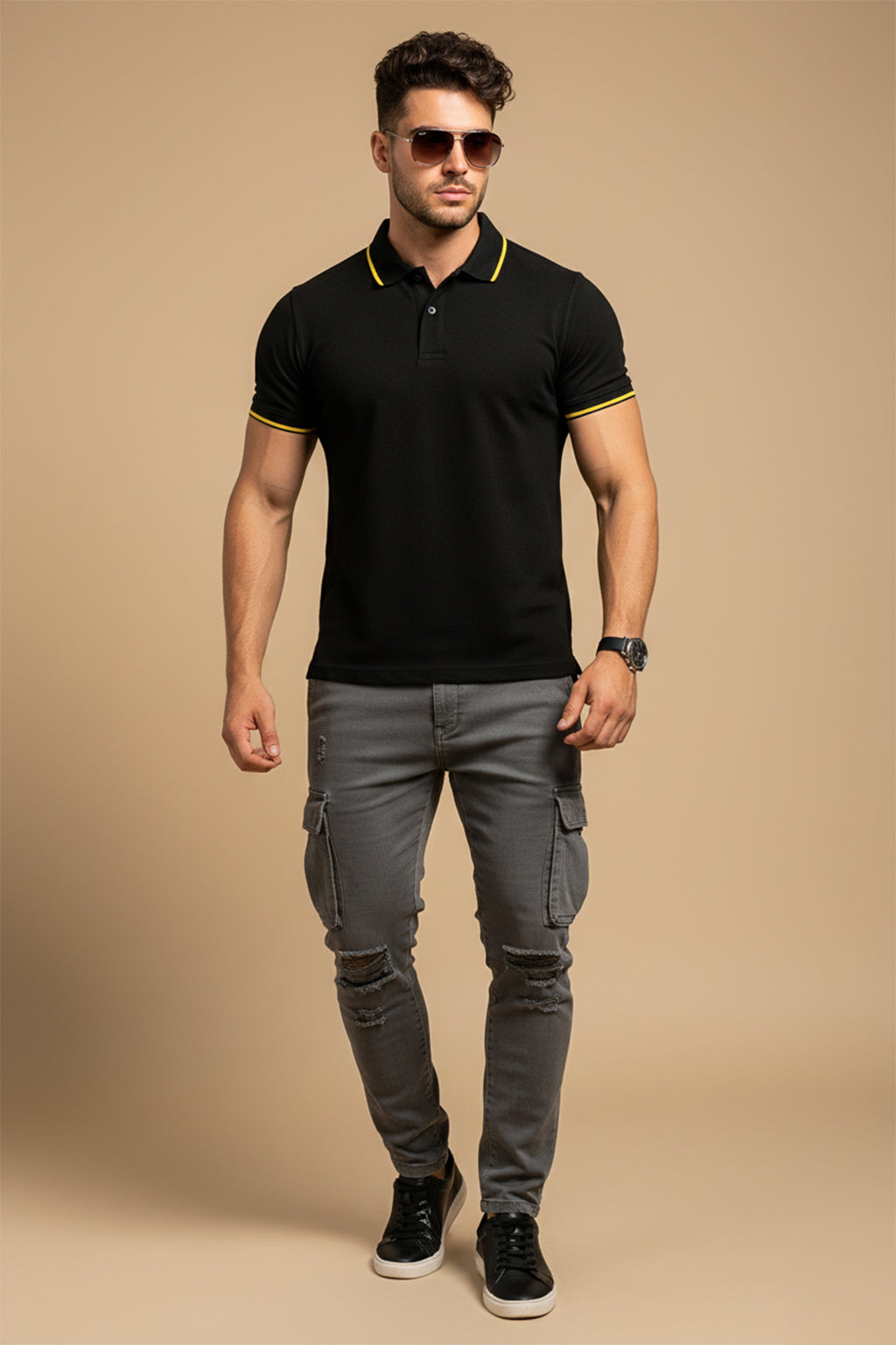 Black Pique Stripe Collar Regular Fit Tipping Polo T-shirt