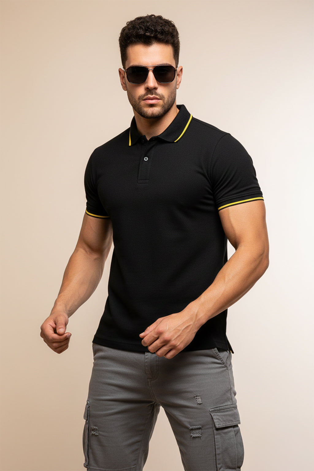 Black Pique Stripe Collar Regular Fit Tipping Polo T-shirt